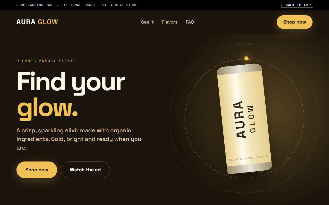 Demo landing page for Aura Glow, a fictional organic energy elixir